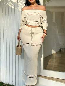 Sunnyshic Bộ đồ nữ cỡ lớn thanh lịch, gợi cảm, phong cách Bohemian gồm áo dệt kim ngắn trễ vai, khoét lỗ, xếp nếp, thắt eo và chân váy dài suông, ôm dáng, thích hợp cho hẹn hò, lễ hội, dã ngoại, chụp ảnh, kỳ nghỉ. Bộ đồ 2 mảnh dành cho nữ, đồ dệt kim thường ngày, trang phục Zoey, đồ mặc hàng ngày, du lịch, nghỉ mát, du lịch biển, tắm nắng. - Màu be - Xem 4