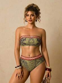 Travachic Plus Size Geometric & Tropical Plant Print Tankini Swimwear Set - Multicolor - View 5