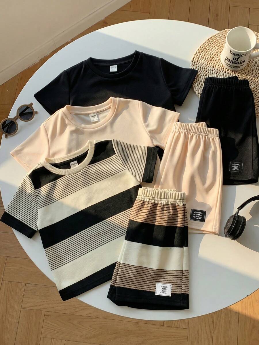 SHEIN 6件套儿童夏季服装套装，男婴舒适休闲圆领短袖T恤，条纹T恤，装饰短裤2件套，高性价比多件套，适合户外玩耍、街头摄影、派对、居家休闲等场合。