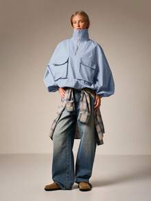 AiiRZ Oversized Quarter-Zip Track Top Jacket With Bellow Cargo Pockets And Elasticated Cuffs For Fall Winter - Blue - View 1