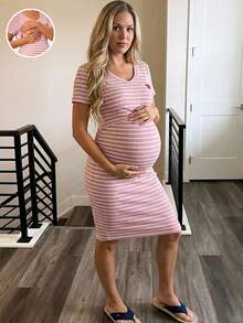 Slowluna Maternity Heart Embroidery Striped V-Neck Short Sleeve Nursing Dress - Pink - View 3