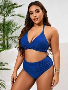 Swim Basics 大尺碼女款 2 件組純色掛脖開衩比基尼泳衣套裝，時尚極簡海灘度假風 - 寶藍色 - 查看 4