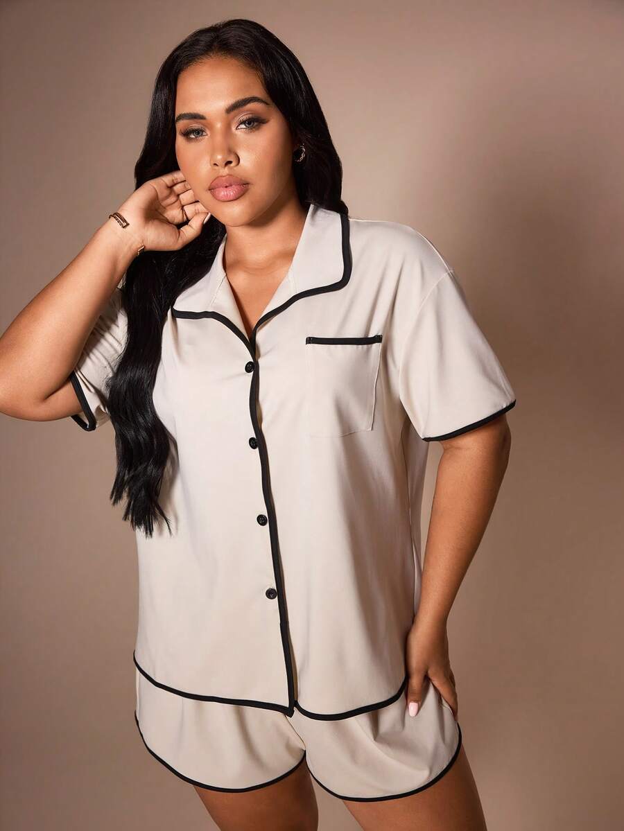 Lazeform Contrast Trim Lapel Loose Open Front Plus Size Women Pajama Set - Apricot - View 1