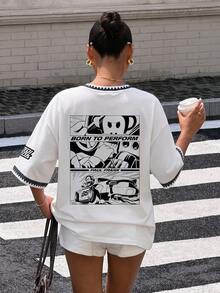 Muchica Paul Frank X SHEIN 夏季休閒卡通印花撞色拼接T恤 - 彩色 - 查看 2
