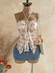 Soleia Women's Vacation Metal Flower Decor Asymmetrical Hem Tie Neck Halter Top, Beach & Summer - Multicolor - View 4