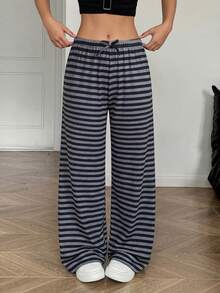 SHEIN Teen Girls Casual Comfortable Striped Grey & White Pants, All-Match Versatile Knit Trousers For Everyday Wear - Dark Grey - View 7