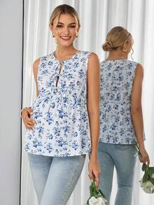 SHEIN Top de tirantes de maternidad cómodo, con cuello redondo, cordón ajustable y dobladillo con volantes, versátil y elegante de moda - Azul y blanco - Ver 6