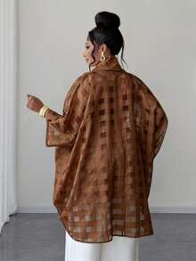Maweii Plus Size Summer Retro Elegant Plaid Mesh Ruffled Collar Blouse - Brown - View 2