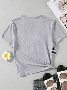 SHEIN 1件青少年女孩夏季休閒時尚百搭日常珍珠裝飾蝴蝶結圖案白色短袖圓領T恤 - 灰色 - 查看 2