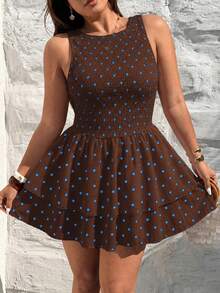 Sunnyshic 法式白色波點無袖洋裝，女款收腰修身優雅休閒荷葉邊裙襬，適合春夏季，適合度假 - 咖啡棕 - 查看 6