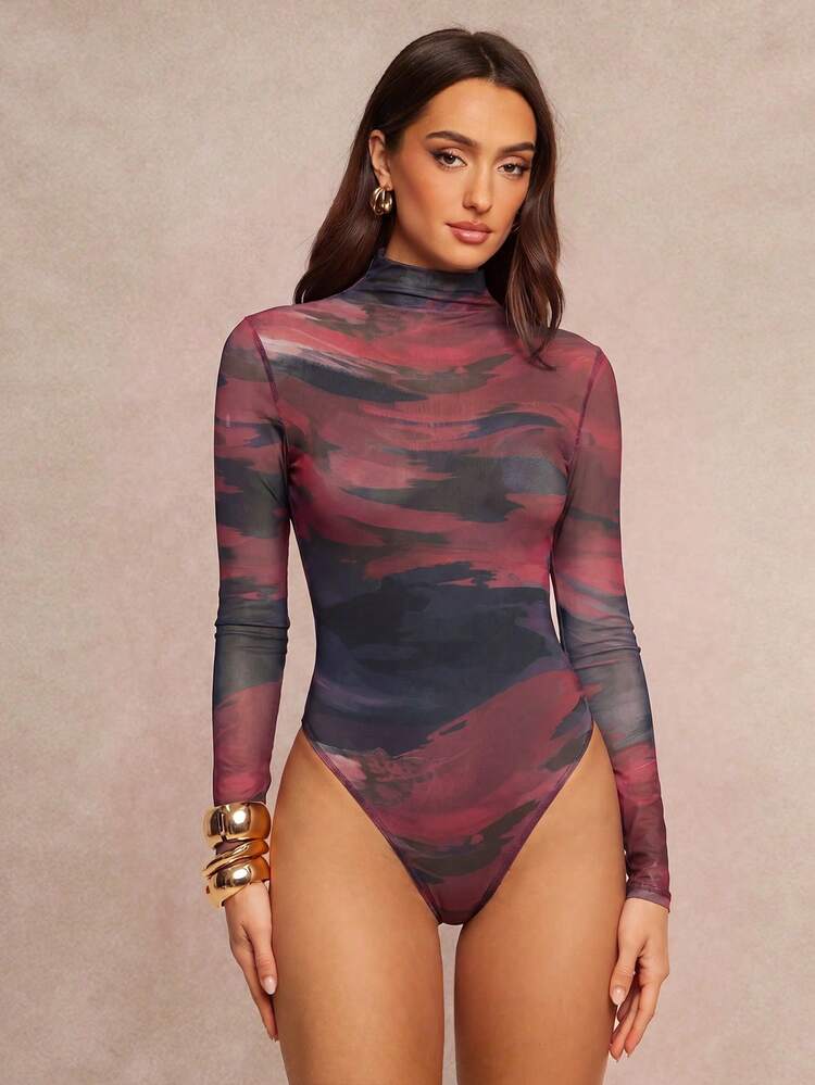 Silquee Women's Spring Summer Autumn Sexy All-Over Print Sheer Mesh Stand Collar Long Sleeve Fitted Bodysuit - Multicolor - View 6