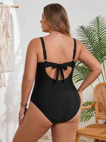SHEIN CURVE+ Đồ bơi một mảnh cổ chữ V màu đen cho nữ size lớn - màu đen - Xem 2
