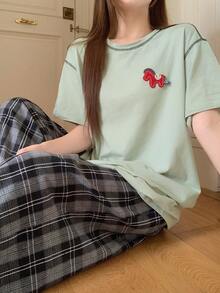 DAZY 女款夏季小馬裝飾寬鬆對比滾邊T恤上衣與格紋睡褲睡衣套裝 - 綠色 - 查看 1