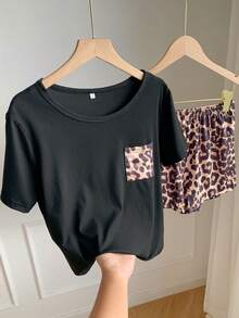 Comfortcana Leopard Print Crew Neck Short Sleeve Pajama Set - Black - View 6