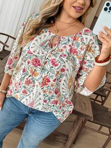 SHEIN CURVE+ Chemise à manches courtes avec col torsadé et imprimé floral d'été grande taille - Multicolore - Voir 5
