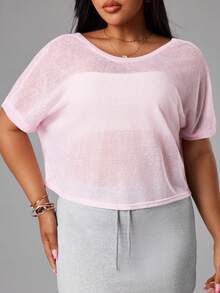 SHEIN Rhythm Era Plus Size Women's Fashion Casual Elegant Fitness Running Outdoor Semi-Sheer Loose Backless Short Sleeve Yoga Sports Top - Baby Pink - View 6