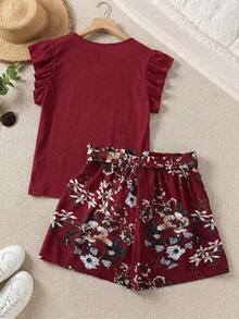 SHEIN LUNE Plus Size Women's Solid Color Round Neck Flutter Sleeve Top And Floral Print Shorts Casual 2-Piece Set - Red - View 2