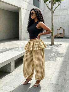 BamGleam Women's Classic Plaid 2 In 1 Set, Ruffle Trim Patchwork Loose Cuffed Casual Long Pants - Coffee Brown - View 5