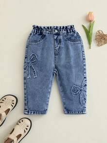 SHEIN Baby Girl Bow Frayed Hem Pocket Casual Denim Jeans Autumn Fall - Medium Wash - View 4
