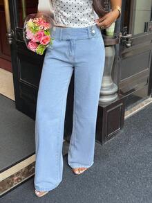 SHEIN Tall 女款多功能戶外多口袋藍色牛仔褲，適合四季穿著，適合高個女性 - 淺色水洗藍 - 查看 1