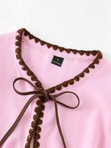 GlowEve Camisa elegante para mujer con bordado de concha color albaricoque, diseño de lazo de cuerda en color de contraste y manga corta tipo casquillo - Rosa - Ver 8
