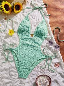 Swim Mod 1件女款一件式泳衣海灘裝，適用於海灘泳池派對，春/夏季，性感度假成熟時尚復古浪漫優雅，掛脖深V領腰部鏤空露背前繫帶設計，收腰提臀大胸適用，黃色花卉針織提花，海灘俱樂部波西米亞風 - 薄荷藍 - 查看 4