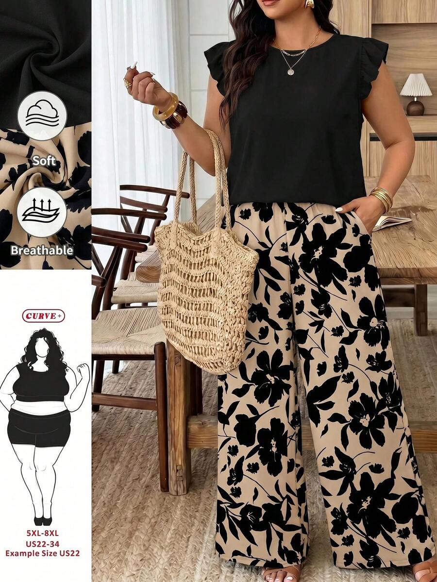 SHEIN CURVE+ Plus Size Women's Solid Color Round Neck Ruffle Sleeve Top And Floral Print Casual Loose Pants Set - White - View 1