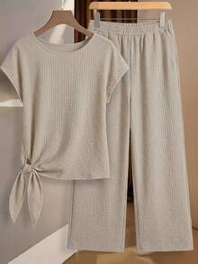SHEIN Clasi Bộ đồ nữ gồm áo sơ mi nữ buộc nơ và quần ống đứng dáng rộng, trang phục mùa hè cho nữ, trang phục thường ngày cho nữ. - xanh quân đội - Xem 6