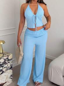Maria Perezxox Conjunto de Pantalones Holgados de Pierna Ancha con Cuello Halter y Plisados de Tela Texturizada para Verano - Azul - Ver 3
