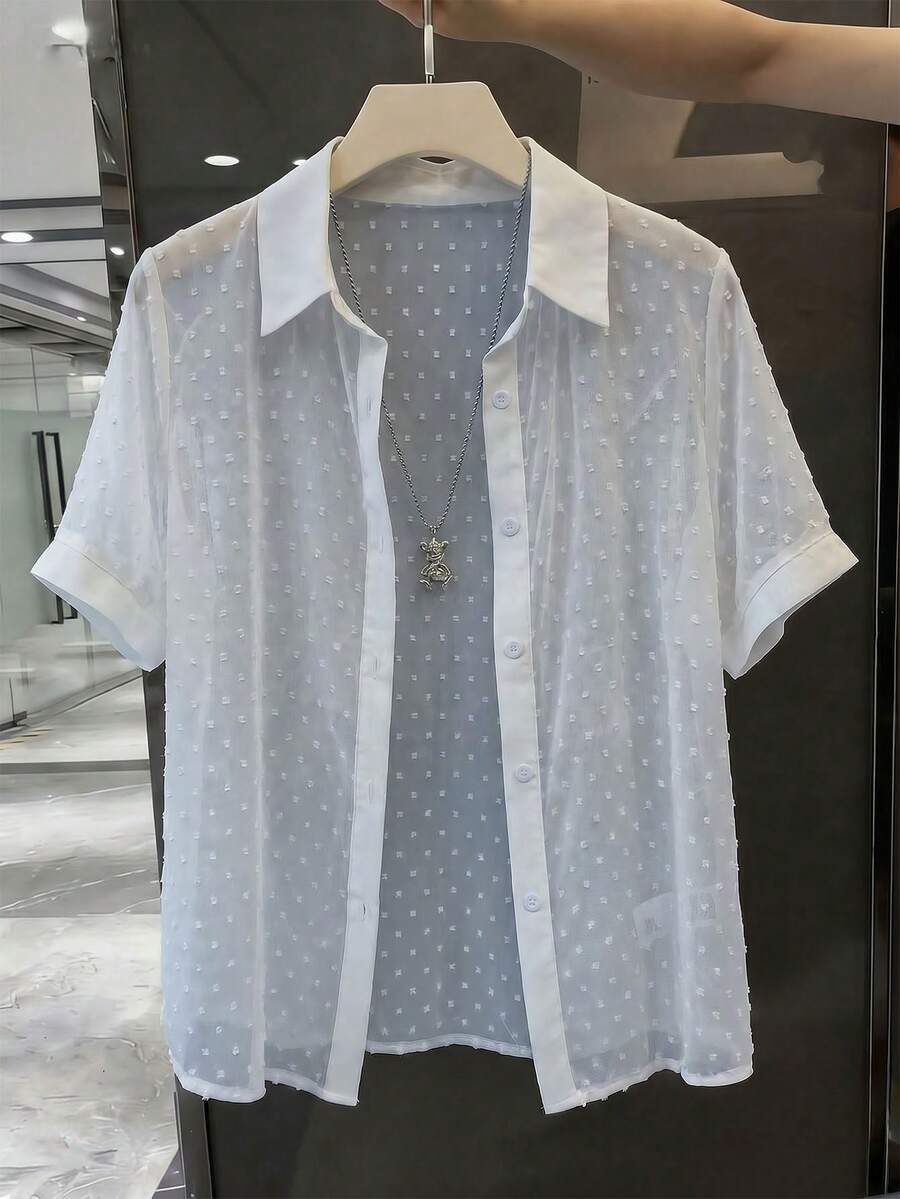 SHEIN Franclia Chemise décontractée à manches courtes à simple boutonnage de couleur unie pour femmes - Blanc - Voir 1