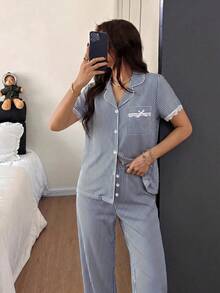 Napfluff 泡泡褶皱条纹荷叶边女士睡衣套装 - 藏蓝色 - 查看 5