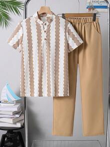 2pcs/Set Teenage Boys' Summer Casual Textured Striped Collared Shirt And Solid Color Pocket Pants Outfit, Suitable For Daily Wear, Outdoor, Travel, Photography, Spring/Summer 2026 New Fashion - Khaki - View 8
