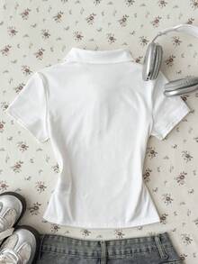 青少年女孩 白色素色休閒簡約半拉鍊 Polo 領修身短袖 T-shirt - 白色 - 查看 2