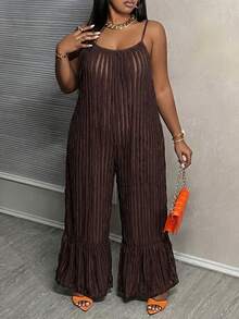 EMERY ROSE Plus Size Pleated Striped Jumpsuit, Loose Wide Leg Pants - Brown - View 7