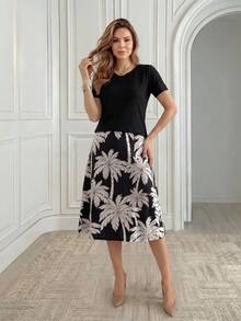 Medorina Middle-Aged And Elderly Women's Solid Color T-Shirt And Coconut Tree Print Skirt Set,Summer Set,Going Out Set - Multicolor - View 6