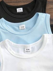 SHEIN Playful Pals 3件組 嬰兒臉部字母印花圓領休閒背心上衣 夏季，男嬰背心上衣，嬰兒夏季背心上衣，嬰兒T恤，男嬰臉部背心上衣，幼兒背心上衣，男嬰上衣 3件組 - 彩色 - 查看 10