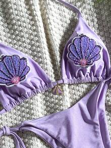 SHEIN Swim Mod-D 2件組 春夏度假純色亮面亮片貝殼裝飾前中貝殼裝飾三角杯胸罩與側綁比基尼褲性感比基尼套裝 - 淡紫色 - 查看 4