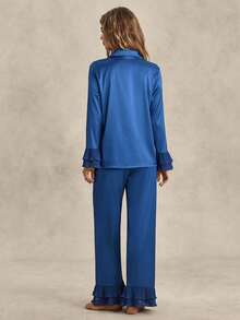 EverLounge Flounce Sleeve Top & Pants Satin PJ Set / Pajama Set, Fall Winter Clothes - Blue - View 2