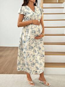 SHEIN Maternity Overlap V-Neck Ruffle Sleeve Floral Print Fashion Dress - Blue and White - View 7