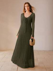 MOTF PREMIUM V-NECK TIE FRONT SHEER LONG DRESS - Army Green - View 1