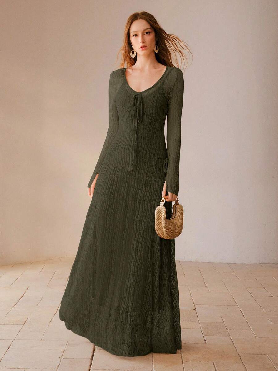 MOTF PREMIUM V-NECK TIE FRONT SHEER LONG DRESS - Army Green - View 1