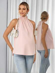 SHEIN Maternity Sweet Fashionable Elegant Elastic Neckline Ruched Tank Top Baby Shower Summer Pink And Blue Wedding Gender Reveal Guest Delivery - Pink - View 6