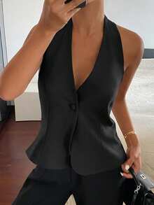 DAZY Women's Solid Color Halter Backless Elegant Formal Summer Top Halter Top Vacation - Black - View 4
