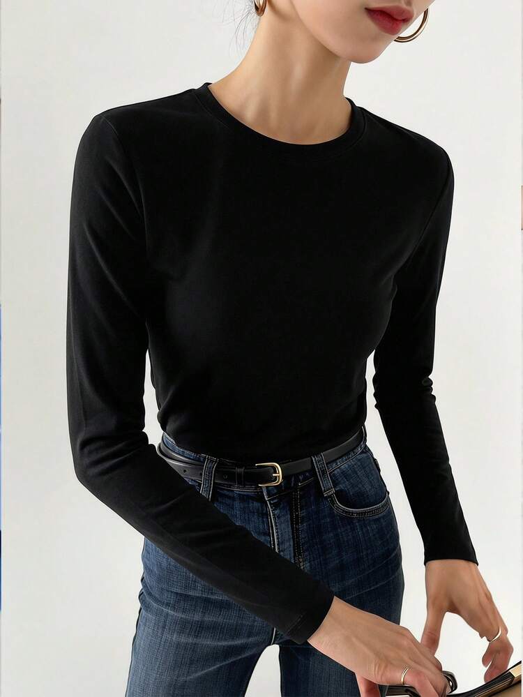 Women's Solid Color Round Neck Long Sleeve T-Shirt, Minimalist Versatile For Spring & Autumn