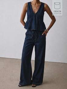ATUI Studio Women's V-Neck Ruffle Hem Sleeveless Top And Wide Leg Jeans Set - Navy Blue - View 1