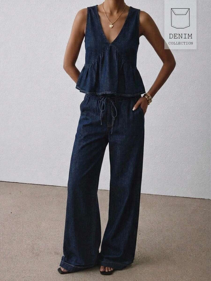 ATUI Studio Women's V-Neck Ruffle Hem Sleeveless Top And Wide Leg Jeans Set - Navy Blue - View 1