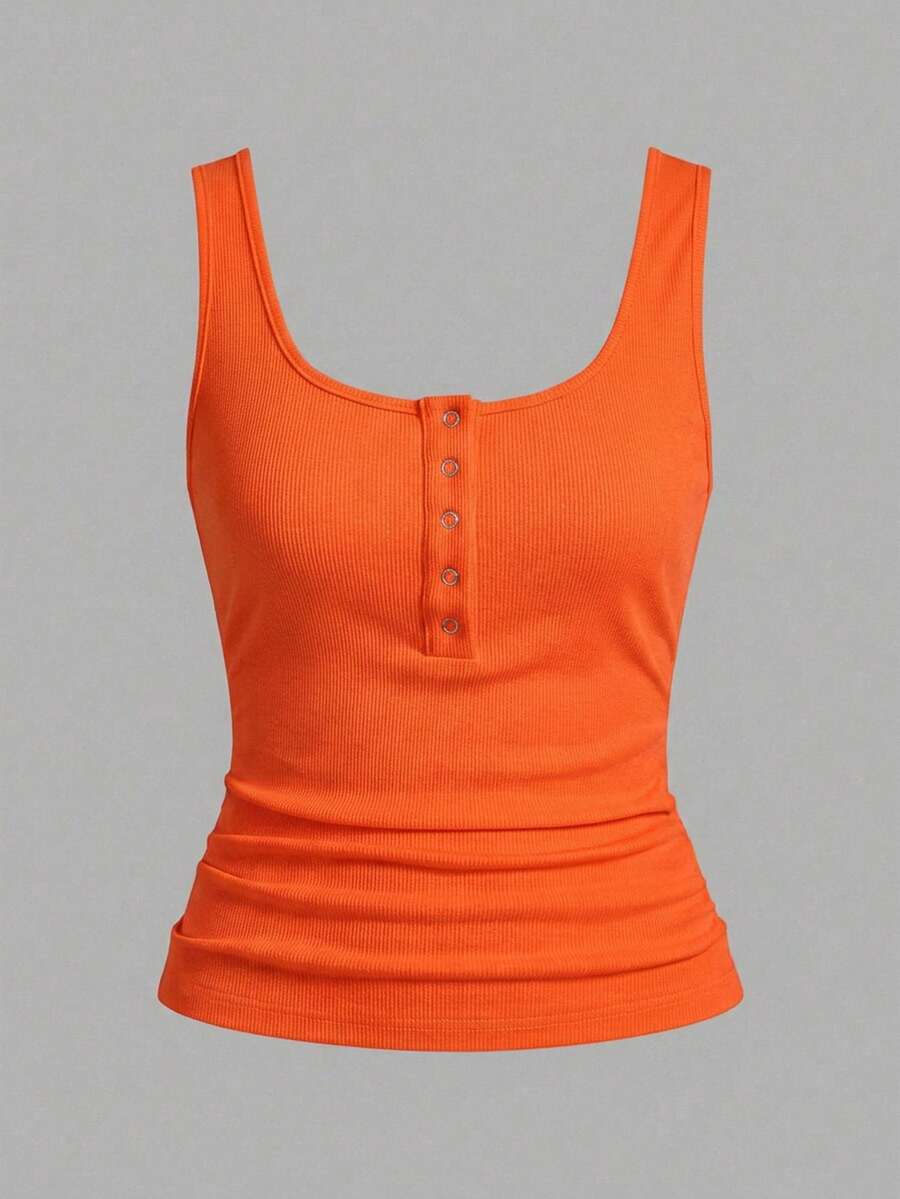Slaydiva Top de tirantes negro casual versátil con escote en U profundo y espalda de nadador-C - Naranja Quemada - Ver 1