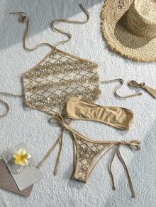 Costavie Swim Bonvoyette 3件組，亮片紋理面料，無肩帶吊帶上衣與側綁式泳褲，性感女款泳裝3件組，適合春夏季度假 - 金色 - 查看 9