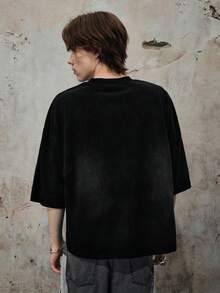 ROMWE MEN Men's Washed Distressed Patchwork Loose Fit Short Sleeve T-Shirt - Black - View 3