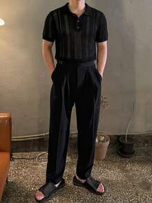 DAZY Black Ribbed Hollow-Out Half Mesh Short Sleeve Knit Top For Men Summer - Black - View 4